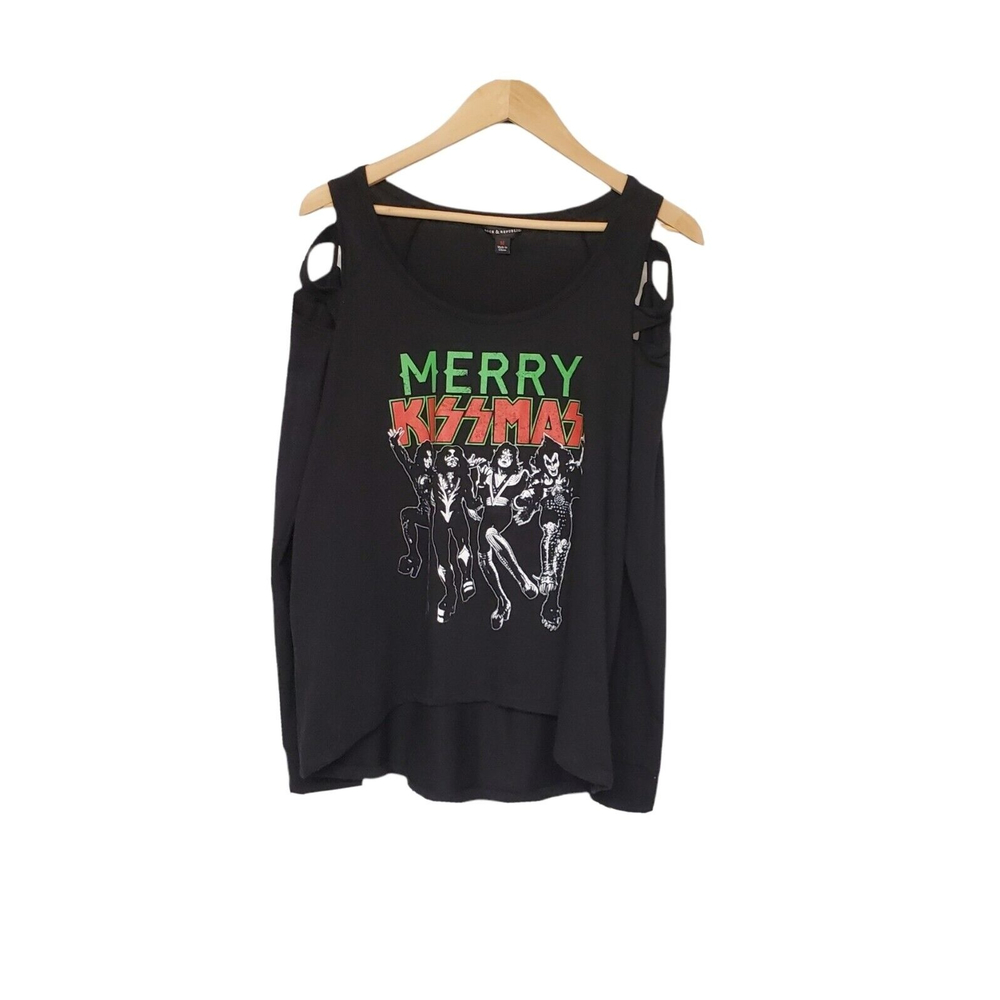 Rock & Republic Merry “Kissmas” Size S Cold Shoulder Long Sleeve Black T Shirt